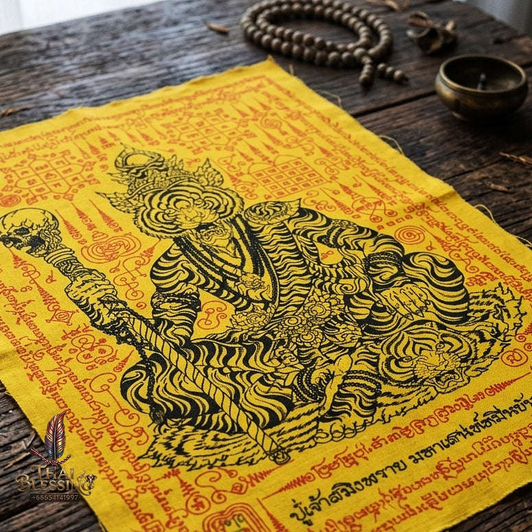 Authentic Thai Sorcery Cloth "Puu Chao Samingphrai Maha Saneh Muen Yant BE 2569" - Sacred Yellow, Red & Black Yantra Cloth Talisman Thai Blessing Co By RURUECHA