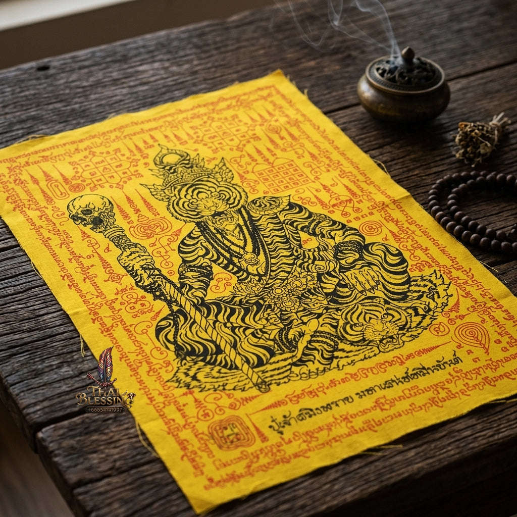 Authentic Thai Sorcery Cloth "Puu Chao Samingphrai Maha Saneh Muen Yant BE 2569" - Sacred Yellow, Red & Black Yantra Cloth Talisman Thai Blessing Co By RURUECHA