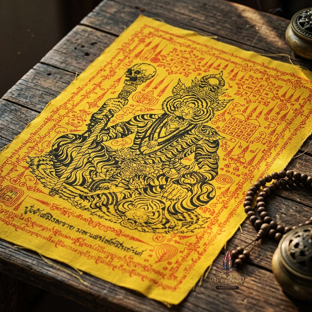 Authentic Thai Sorcery Cloth "Puu Chao Samingphrai Maha Saneh Muen Yant BE 2569" - Sacred Yellow, Red & Black Yantra Cloth Talisman Thai Blessing Co By RURUECHA