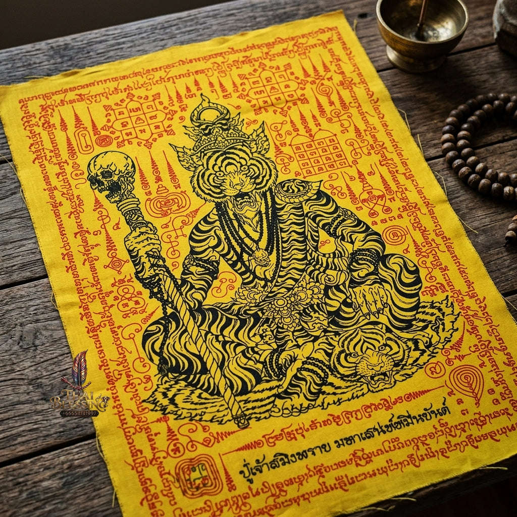 Authentic Thai Sorcery Cloth "Puu Chao Samingphrai Maha Saneh Muen Yant BE 2569" - Sacred Yellow, Red & Black Yantra Cloth Talisman Thai Blessing Co By RURUECHA
