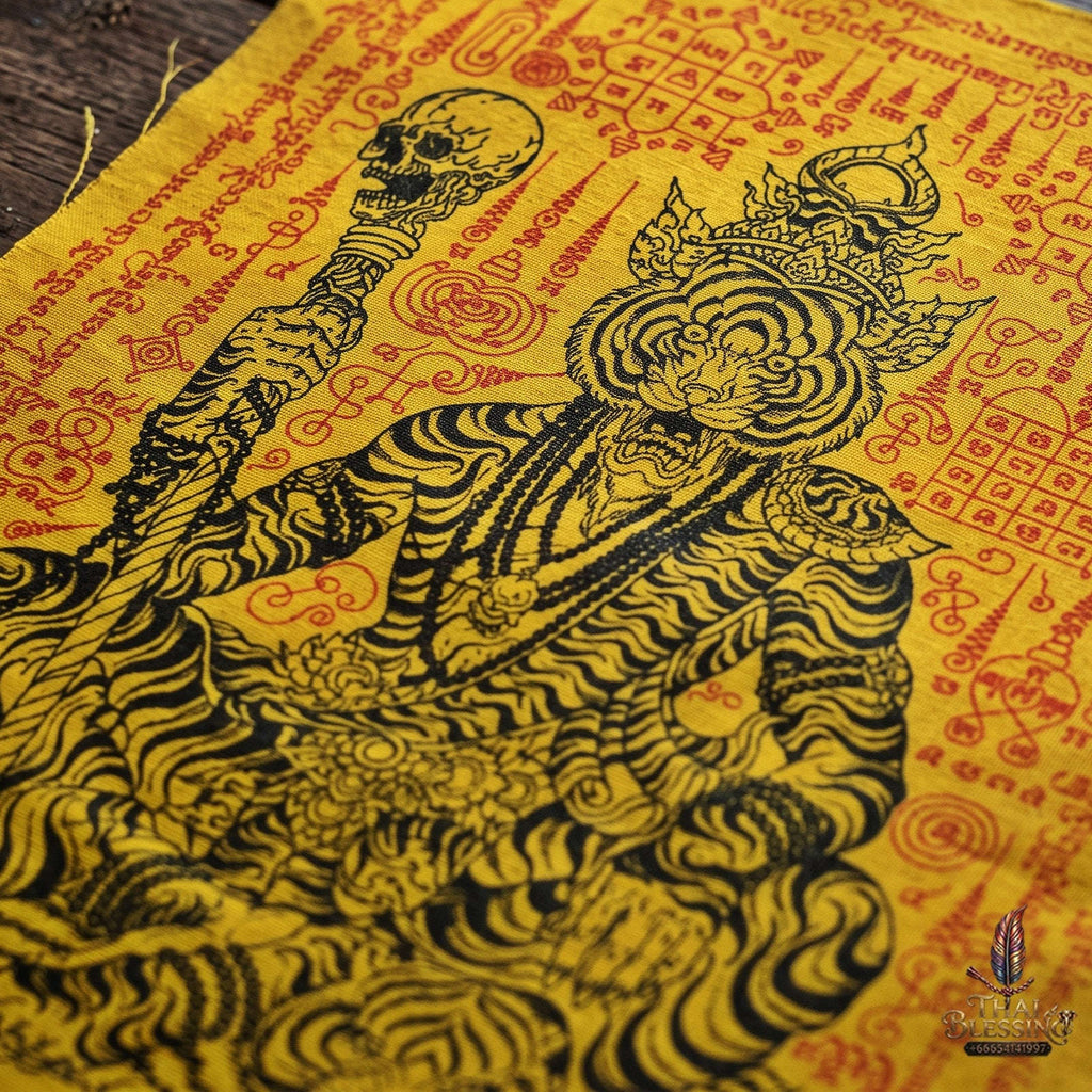 Authentic Thai Sorcery Cloth "Puu Chao Samingphrai Maha Saneh Muen Yant BE 2569" - Sacred Yellow, Red & Black Yantra Cloth Talisman Thai Blessing Co By RURUECHA