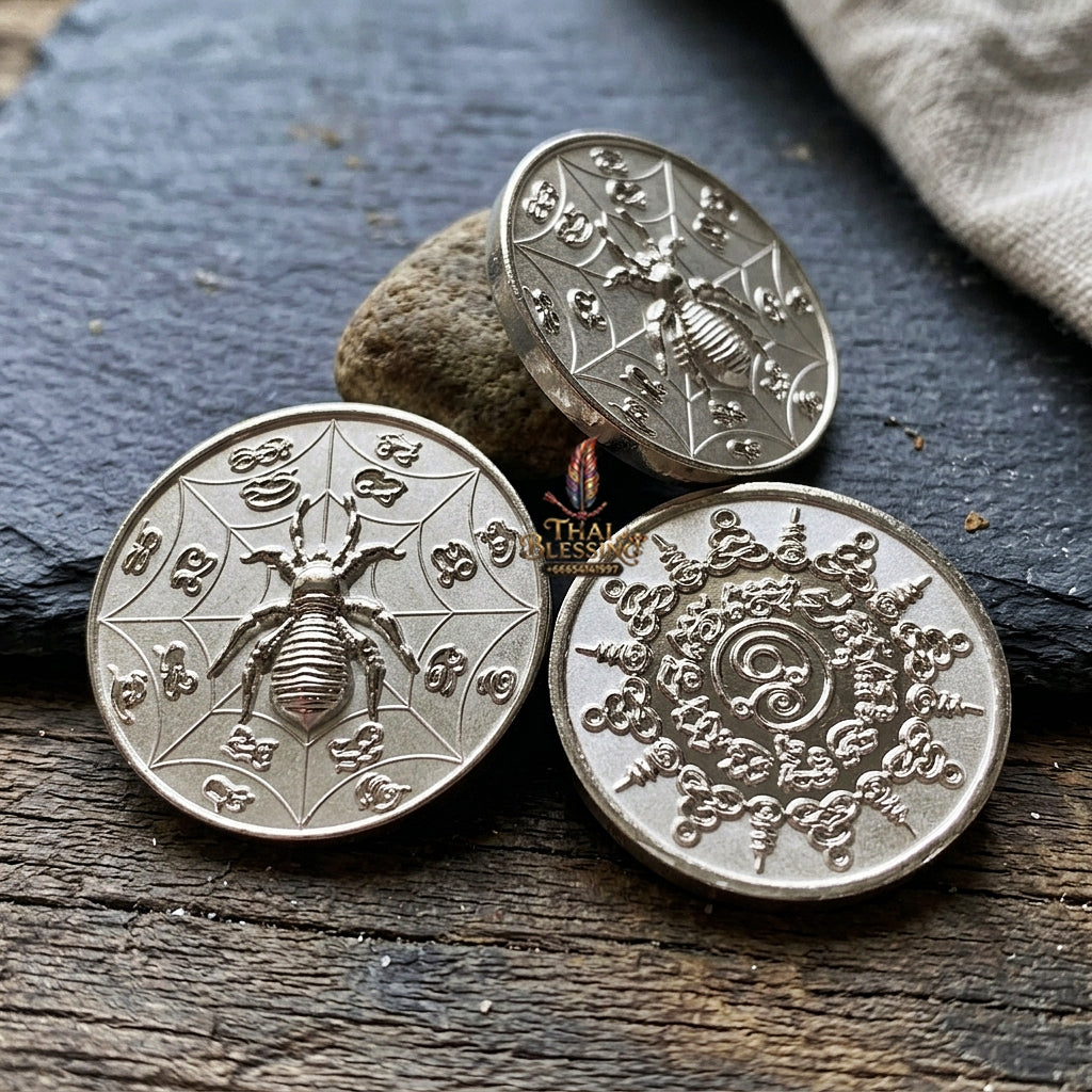 Authentic Thai Sacred Maeng Mum Maha Lap Maha Setthi (Divine Wealth Spider Coin) - Silver Plated for Ultimate Money Trapping, Gambling Luck, Business Prosperity & Protection