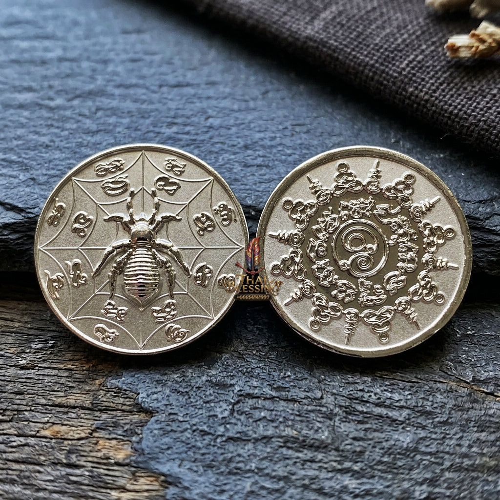 Authentic Thai Sacred Maeng Mum Maha Lap Maha Setthi (Divine Wealth Spider Coin) - Silver Plated for Ultimate Money Trapping, Gambling Luck, Business Prosperity & Protection
