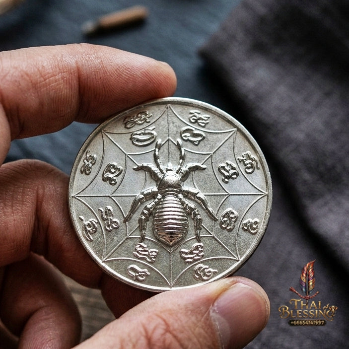 Authentic Thai Sacred Maeng Mum Maha Lap Maha Setthi (Divine Wealth Spider Coin) - Silver Plated for Ultimate Money Trapping, Gambling Luck, Business Prosperity & Protection