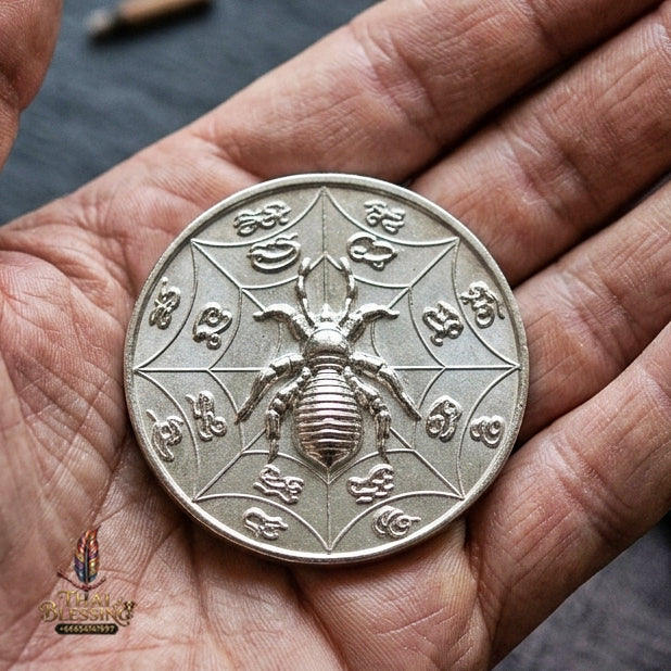 Authentic Thai Sacred Maeng Mum Maha Lap Maha Setthi (Divine Wealth Spider Coin) - Silver Plated for Ultimate Money Trapping, Gambling Luck, Business Prosperity & Protection