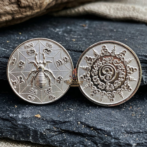 Authentic Thai Sacred Maeng Mum Maha Lap Maha Setthi (Divine Wealth Spider Coin) - Silver Plated for Ultimate Money Trapping, Gambling Luck, Business Prosperity & Protection