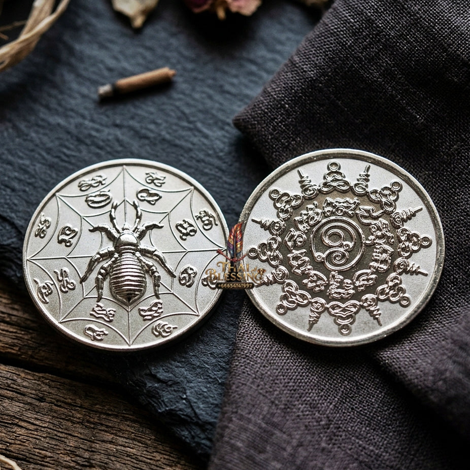 Authentic Thai Sacred Maeng Mum Maha Lap Maha Setthi (Divine Wealth Spider Coin) - Silver Plated for Ultimate Money Trapping, Gambling Luck, Business Prosperity & Protection