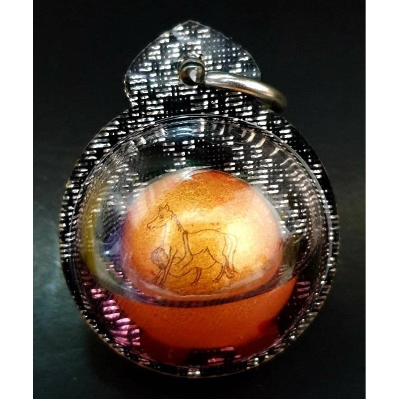 Authentic Thai spiritual charm ball with horse design encased in black textured holder