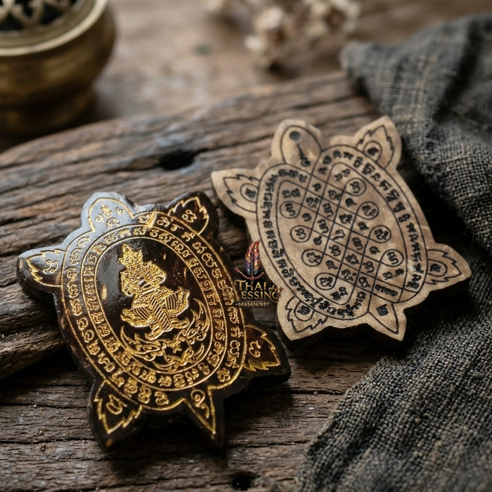 Authentic Thai Sacred Thao Wessuwan (Asura Wealth Deity) - Hand-Carved One-Eyed Coconut Shell Turtle Shape Amulet (Devaraj Kham Duang Model) for Destiny Elevation, Black Magic Protection, Infinite Wealth & Fortune Attraction