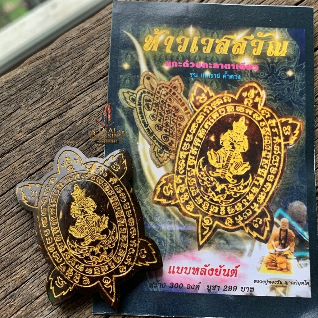Authentic Thai Sacred Thao Wessuwan (Asura Wealth Deity) - Hand-Carved One-Eyed Coconut Shell Turtle Shape Amulet (Devaraj Kham Duang Model) for Destiny Elevation, Black Magic Protection, Infinite Wealth & Fortune Attraction