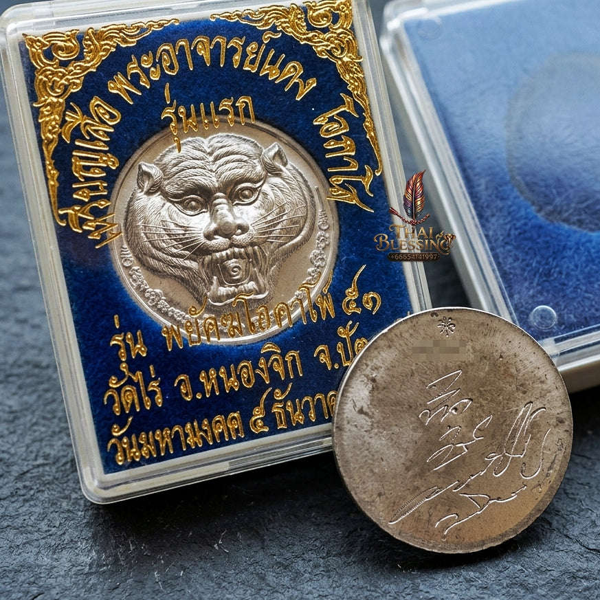 Authentic Thai Tiger Amulet "Phayak Ophaso BE 2551" - Sacred Lead Metal Roaring Tiger Head & Hand-Inscribed Yantra Talisman