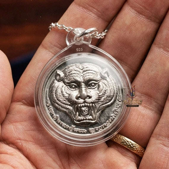 Authentic Thai Tiger Amulet "Phayak Ophaso BE 2551" - Sacred Lead Metal Roaring Tiger Head & Hand-Inscribed Yantra Talisman