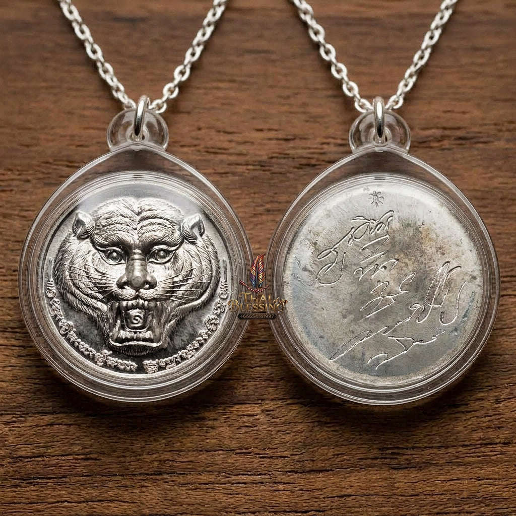 Authentic Thai Tiger Amulet "Phayak Ophaso BE 2551" - Sacred Lead Metal Roaring Tiger Head & Hand-Inscribed Yantra Talisman