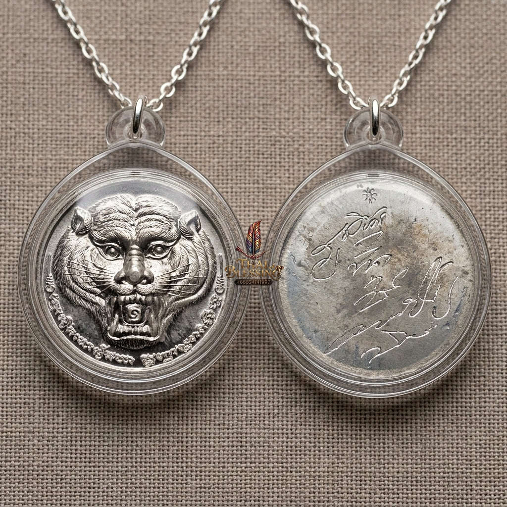 Authentic Thai Tiger Amulet "Phayak Ophaso BE 2551" - Sacred Lead Metal Roaring Tiger Head & Hand-Inscribed Yantra Talisman