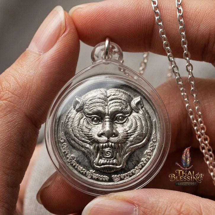 Authentic Thai Tiger Amulet "Phayak Ophaso BE 2551" - Sacred Lead Metal Roaring Tiger Head & Hand-Inscribed Yantra Talisman
