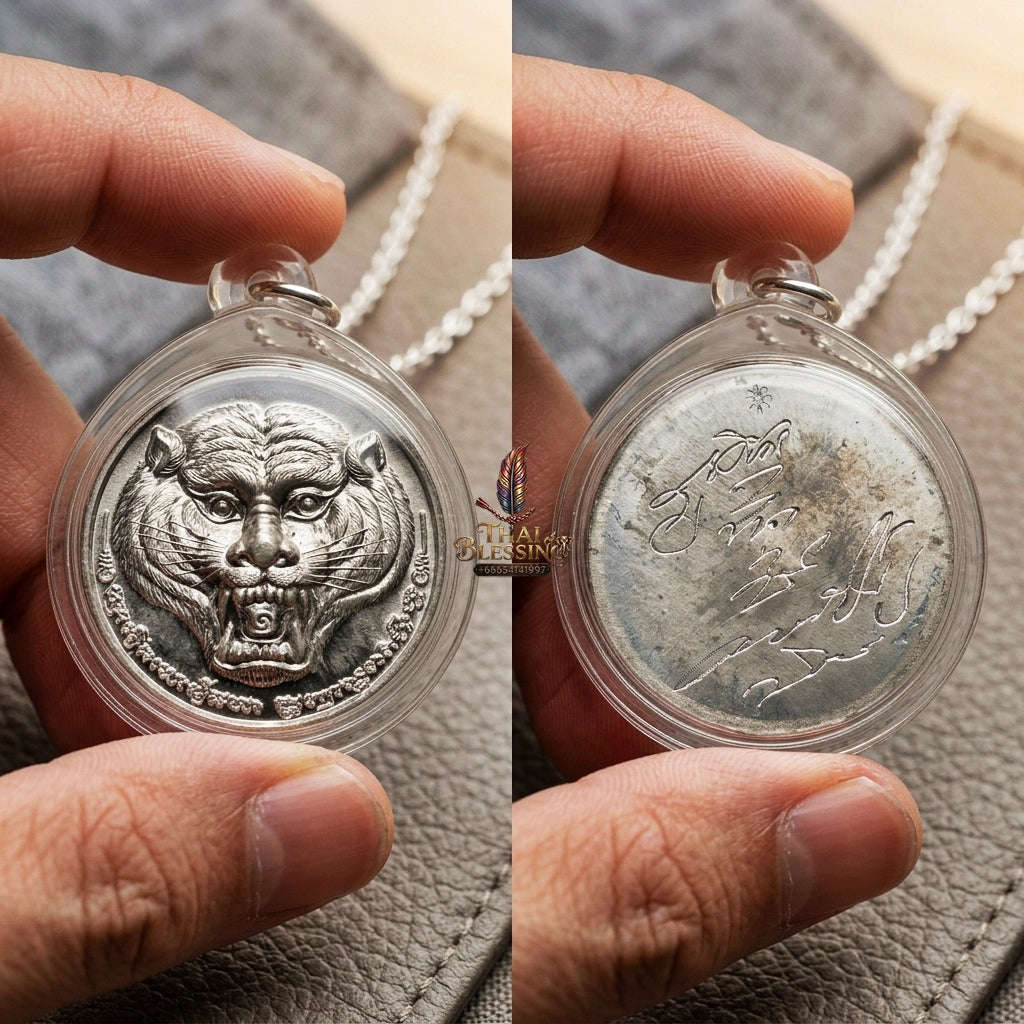 Authentic Thai Tiger Amulet "Phayak Ophaso BE 2551" - Sacred Lead Metal Roaring Tiger Head & Hand-Inscribed Yantra Talisman
