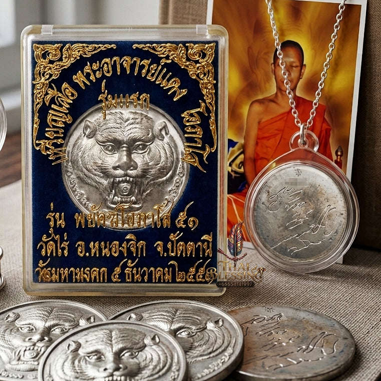 Authentic Thai Tiger Amulet "Phayak Ophaso BE 2551" - Sacred Lead Metal Roaring Tiger Head & Hand-Inscribed Yantra Talisman