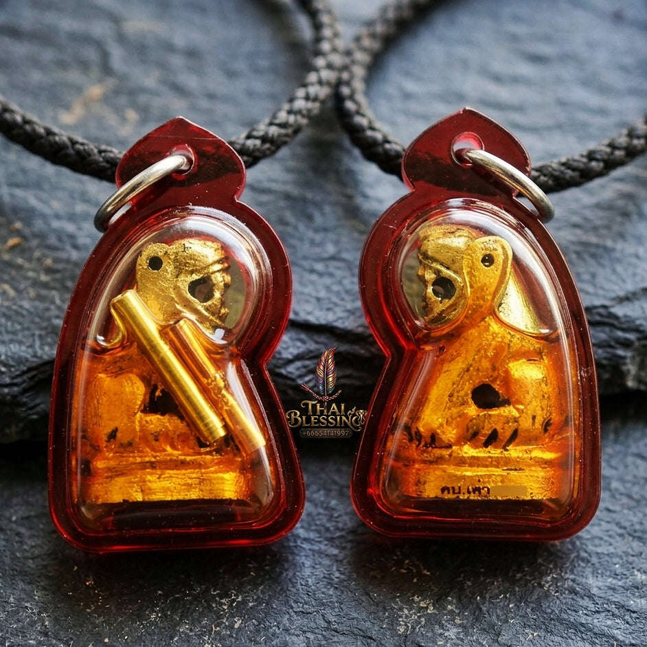 Authentic Thai Tiger Amulet "Sua Non Kin BE 2569" - Hand-Carved Golden Khun Wood Tiger with Jindamanee Powder & Dual Takrut in Millionaire Oil Thai Blessing Co By RURUECHA