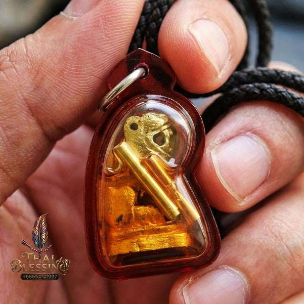 Authentic Thai Tiger Amulet "Sua Non Kin BE 2569" - Hand-Carved Golden Khun Wood Tiger with Jindamanee Powder & Dual Takrut in Millionaire Oil Thai Blessing Co By RURUECHA