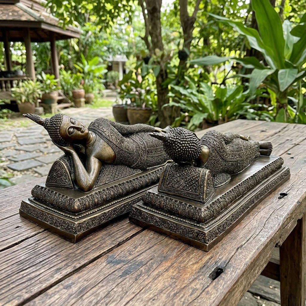 Authentic Thai Tuesday Birthday Buddha Statue "Reclining Buddha Pang Saiyat" (Large Altar Size: Base Width 20 Inches, Height 6 Inches) - Cast from Sacred Nam Phi Iron Ore (Rae Lek Nam Phi)