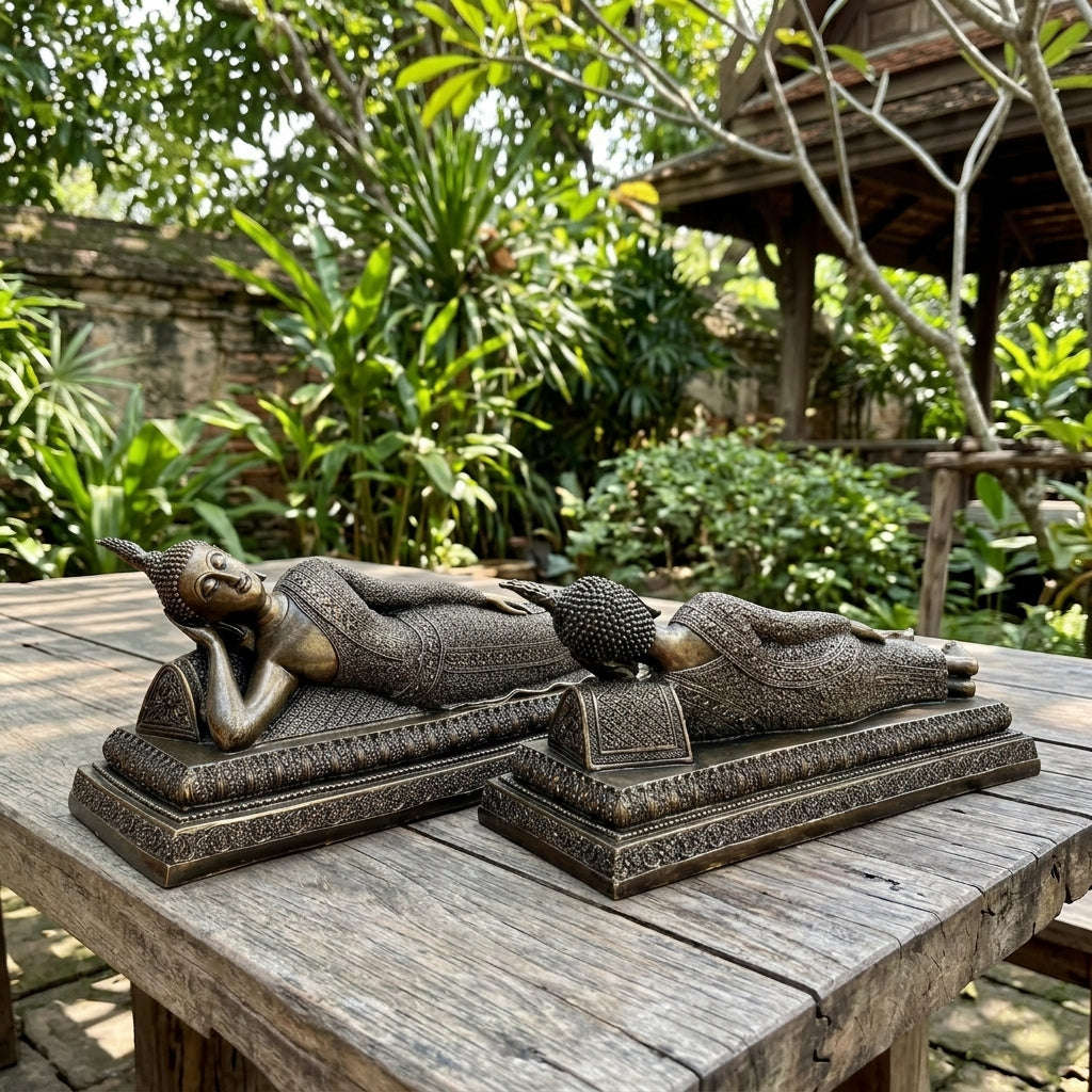 Authentic Thai Tuesday Birthday Buddha Statue "Reclining Buddha Pang Saiyat" (Large Altar Size: Base Width 20 Inches, Height 6 Inches) - Cast from Sacred Nam Phi Iron Ore (Rae Lek Nam Phi)