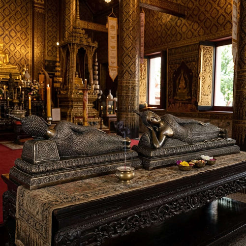 Authentic Thai Tuesday Birthday Buddha Statue "Reclining Buddha Pang Saiyat" (Large Altar Size: Base Width 20 Inches, Height 6 Inches) - Cast from Sacred Nam Phi Iron Ore (Rae Lek Nam Phi) Thai Blessing Co By RURUECHA