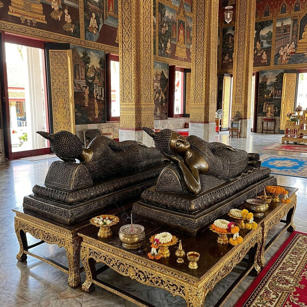 Authentic Thai Tuesday Birthday Buddha Statue "Reclining Buddha Pang Saiyat" (Large Altar Size: Base Width 20 Inches, Height 6 Inches) - Cast from Sacred Nam Phi Iron Ore (Rae Lek Nam Phi)