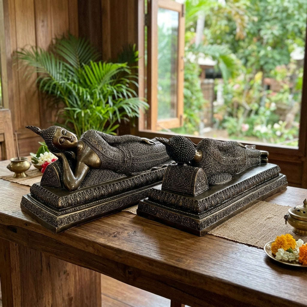Authentic Thai Tuesday Birthday Buddha Statue "Reclining Buddha Pang Saiyat" (Large Altar Size: Base Width 20 Inches, Height 6 Inches) - Cast from Sacred Nam Phi Iron Ore (Rae Lek Nam Phi)