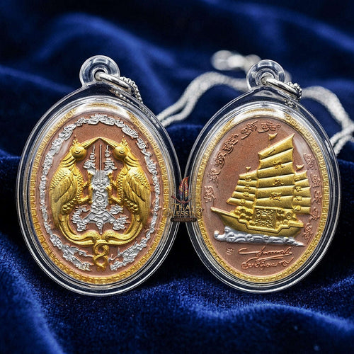 Authentic Thai Twin Salika & Golden Junk Ship Amulet "Sa Rika Khu BE 2561" - 3K Tri-Color Plated Wealth & Charm Medallion Thai Blessing Co By RURUECHA