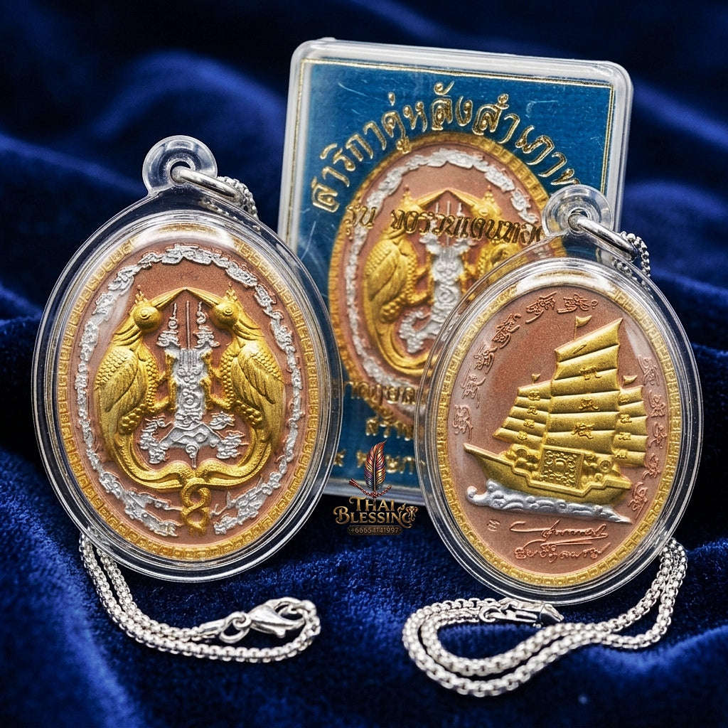Authentic Thai Twin Salika & Golden Junk Ship Amulet "Sa Rika Khu BE 2561" - 3K Tri-Color Plated Wealth & Charm Medallion Thai Blessing Co By RURUECHA