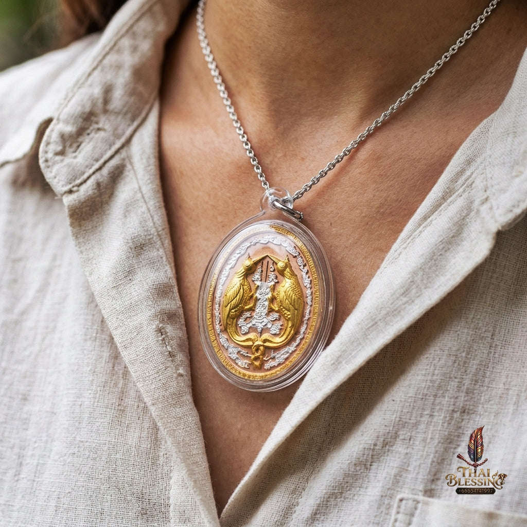 Authentic Thai Twin Salika & Golden Junk Ship Amulet "Sa Rika Khu BE 2561" - 3K Tri-Color Plated Wealth & Charm Medallion Thai Blessing Co By RURUECHA