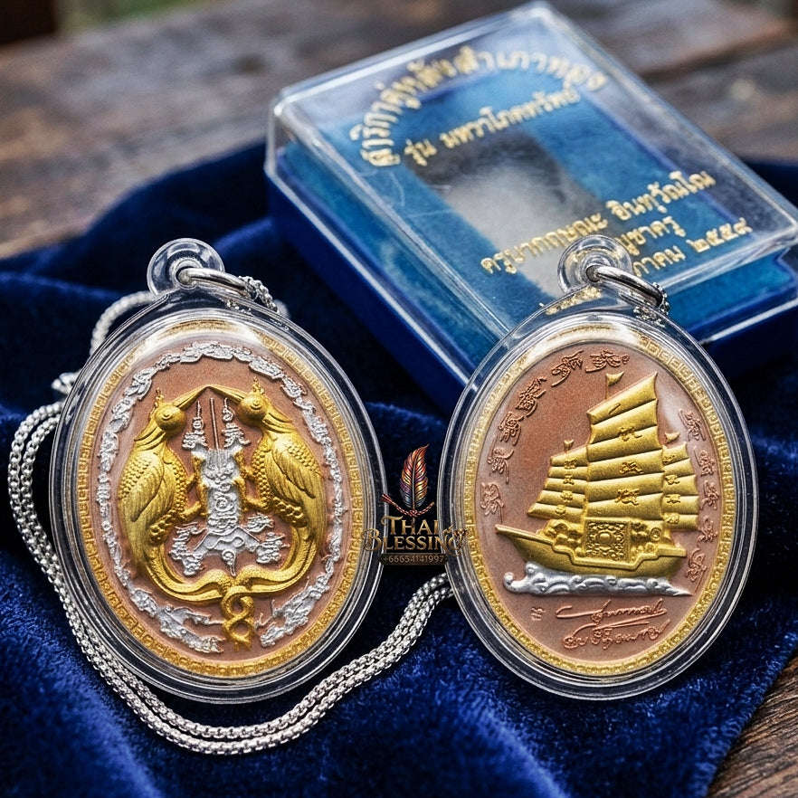 Authentic Thai Twin Salika & Golden Junk Ship Amulet "Sa Rika Khu BE 2561" - 3K Tri-Color Plated Wealth & Charm Medallion Thai Blessing Co By RURUECHA