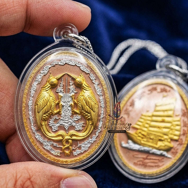 Authentic Thai Twin Salika & Golden Junk Ship Amulet "Sa Rika Khu BE 2561" - 3K Tri-Color Plated Wealth & Charm Medallion Thai Blessing Co By RURUECHA
