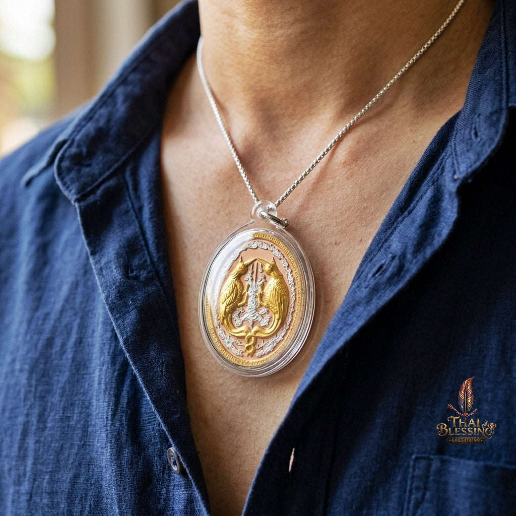 Authentic Thai Twin Salika & Golden Junk Ship Amulet "Sa Rika Khu BE 2561" - 3K Tri-Color Plated Wealth & Charm Medallion Thai Blessing Co By RURUECHA