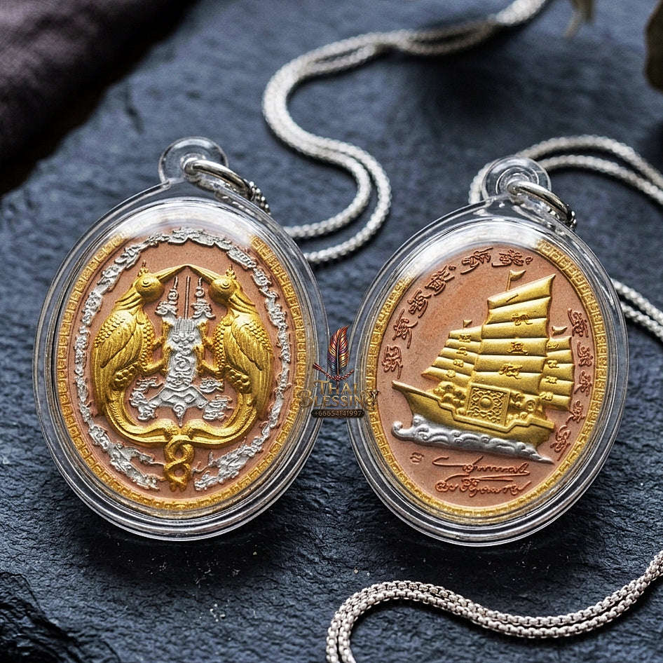 Authentic Thai Twin Salika & Golden Junk Ship Amulet "Sa Rika Khu BE 2561" - 3K Tri-Color Plated Wealth & Charm Medallion Thai Blessing Co By RURUECHA