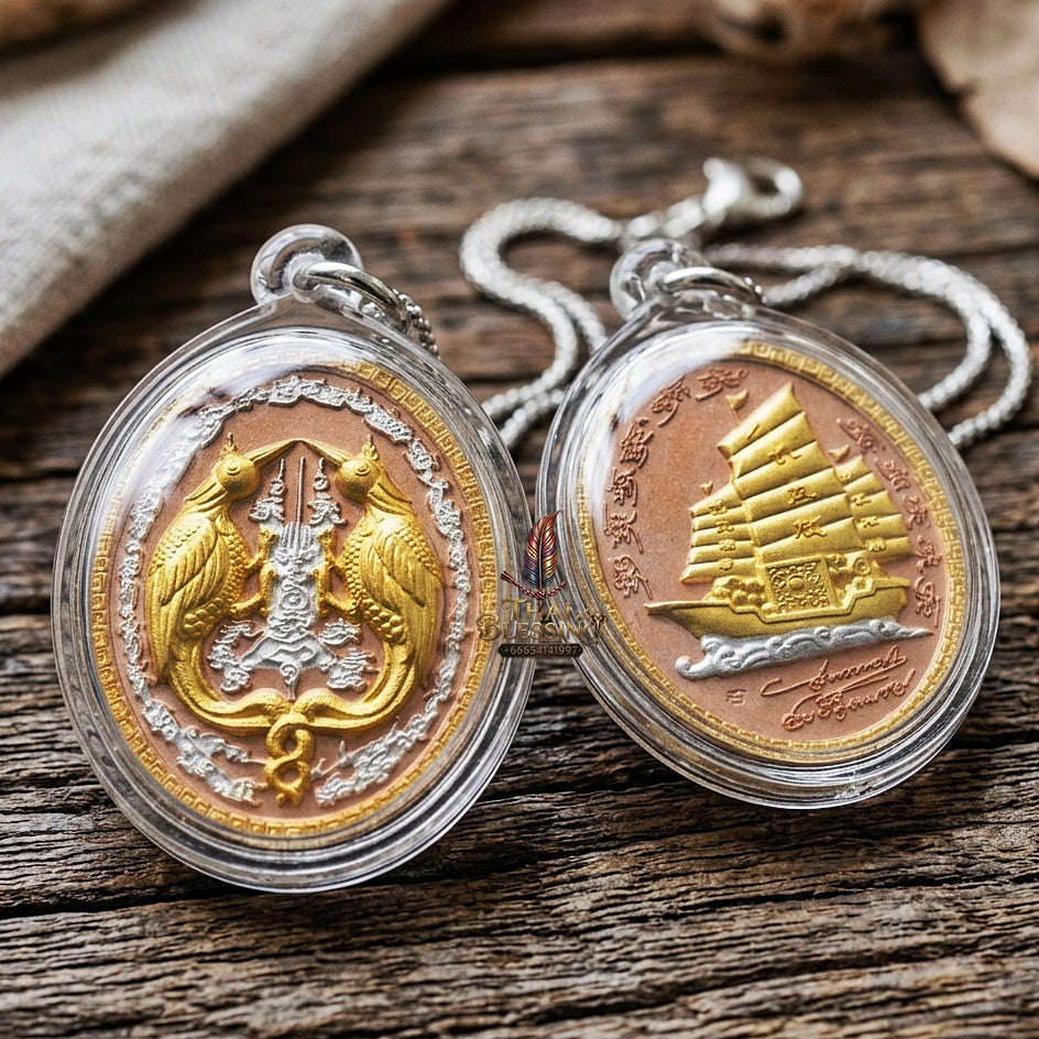 Authentic Thai Twin Salika & Golden Junk Ship Amulet "Sa Rika Khu BE 2561" - 3K Tri-Color Plated Wealth & Charm Medallion Thai Blessing Co By RURUECHA