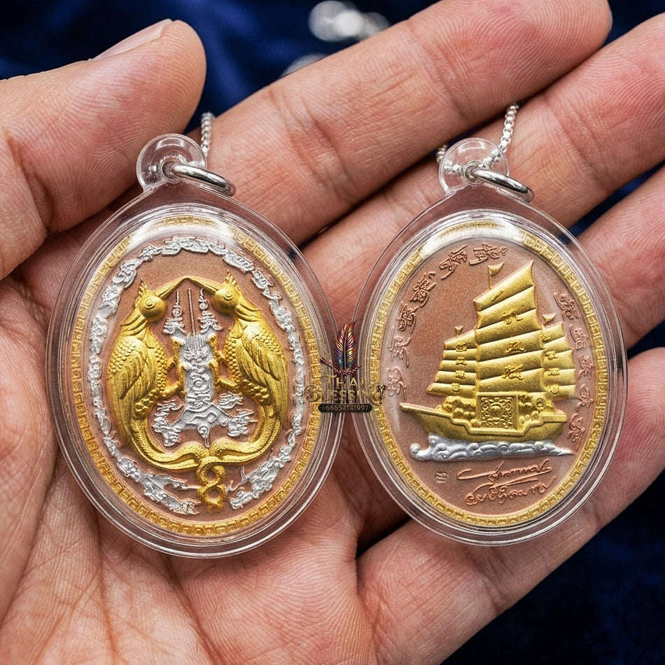 Authentic Thai Twin Salika & Golden Junk Ship Amulet "Sa Rika Khu BE 2561" - 3K Tri-Color Plated Wealth & Charm Medallion Thai Blessing Co By RURUECHA