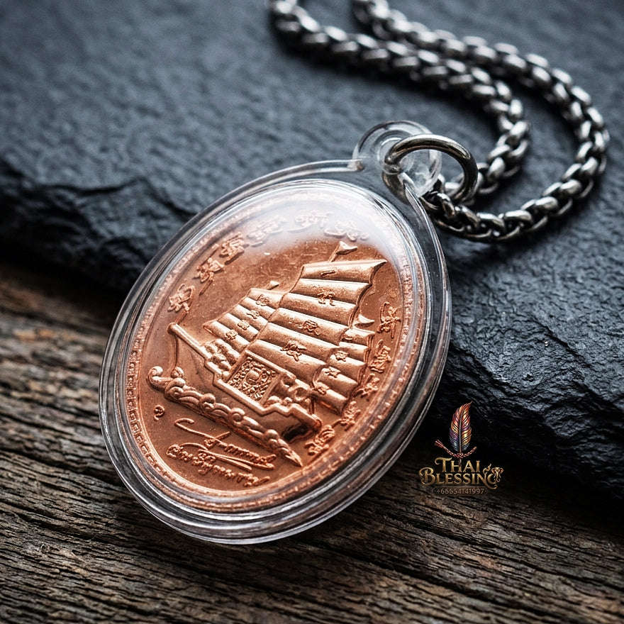 Authentic Thai Twin Salika & Junk Ship Amulet "Sa Rika Khu BE 2561" - Copper Wealth & Charm Medallion - Consecrated by Kruba Krissana Wat Weluwan (3.5x3.0cm) Thai Blessing Co By RURUECHA