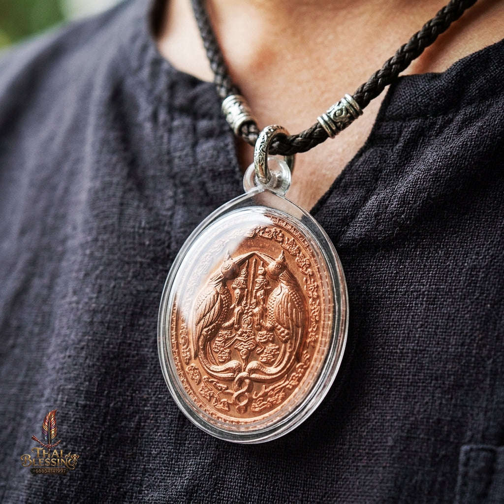 Authentic Thai Twin Salika & Junk Ship Amulet "Sa Rika Khu BE 2561" - Copper Wealth & Charm Medallion - Consecrated by Kruba Krissana Wat Weluwan (3.5x3.0cm) Thai Blessing Co By RURUECHA