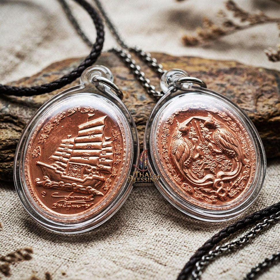 Authentic Thai Twin Salika & Junk Ship Amulet "Sa Rika Khu BE 2561" - Copper Wealth & Charm Medallion - Consecrated by Kruba Krissana Wat Weluwan (3.5x3.0cm) Thai Blessing Co By RURUECHA
