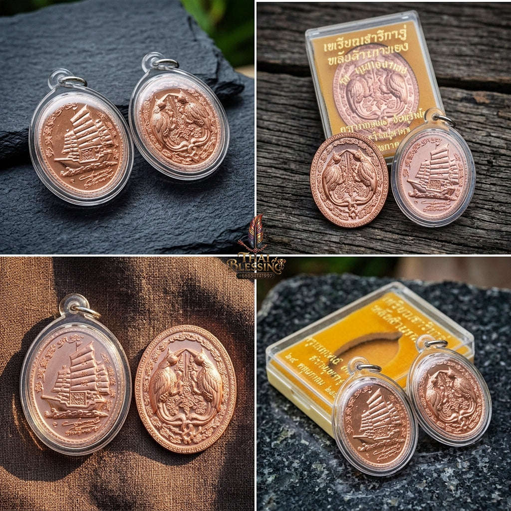 Authentic Thai Twin Salika & Junk Ship Amulet "Sa Rika Khu BE 2561" - Copper Wealth & Charm Medallion - Consecrated by Kruba Krissana Wat Weluwan (3.5x3.0cm) Thai Blessing Co By RURUECHA