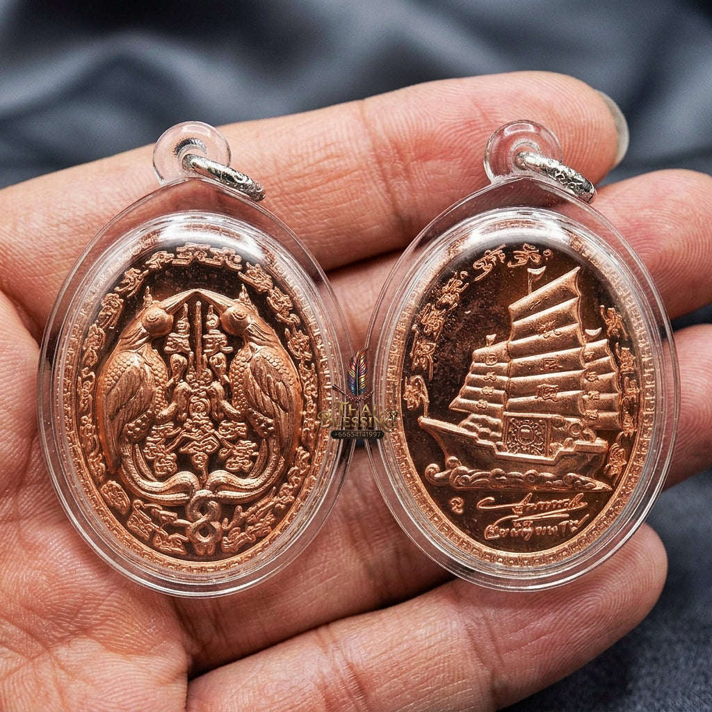 Authentic Thai Twin Salika & Junk Ship Amulet "Sa Rika Khu BE 2561" - Copper Wealth & Charm Medallion - Consecrated by Kruba Krissana Wat Weluwan (3.5x3.0cm) Thai Blessing Co By RURUECHA