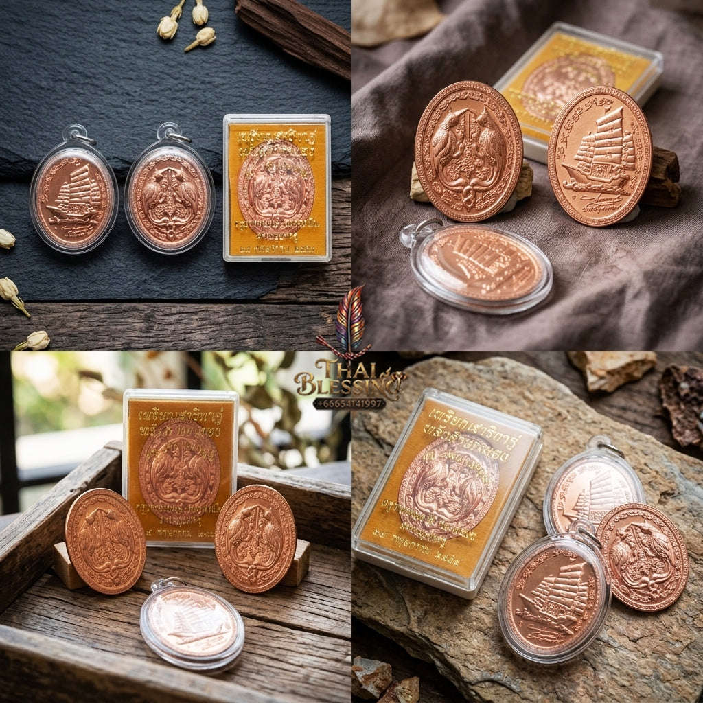 Authentic Thai Twin Salika & Junk Ship Amulet "Sa Rika Khu BE 2561" - Copper Wealth & Charm Medallion - Consecrated by Kruba Krissana Wat Weluwan (3.5x3.0cm) Thai Blessing Co By RURUECHA