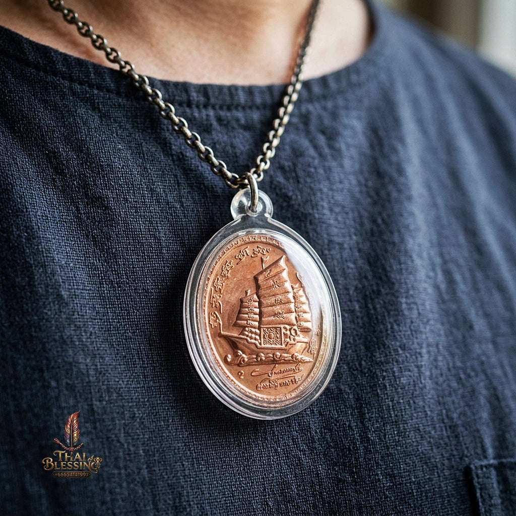 Authentic Thai Twin Salika & Junk Ship Amulet "Sa Rika Khu BE 2561" - Copper Wealth & Charm Medallion - Consecrated by Kruba Krissana Wat Weluwan (3.5x3.0cm) Thai Blessing Co By RURUECHA