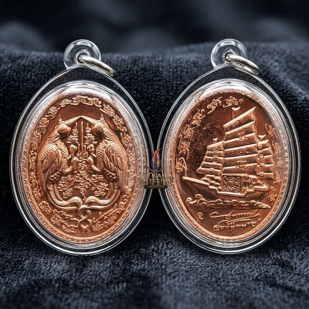 Authentic Thai Twin Salika & Junk Ship Amulet "Sa Rika Khu BE 2561" - Copper Wealth & Charm Medallion - Consecrated by Kruba Krissana Wat Weluwan (3.5x3.0cm) Thai Blessing Co By RURUECHA