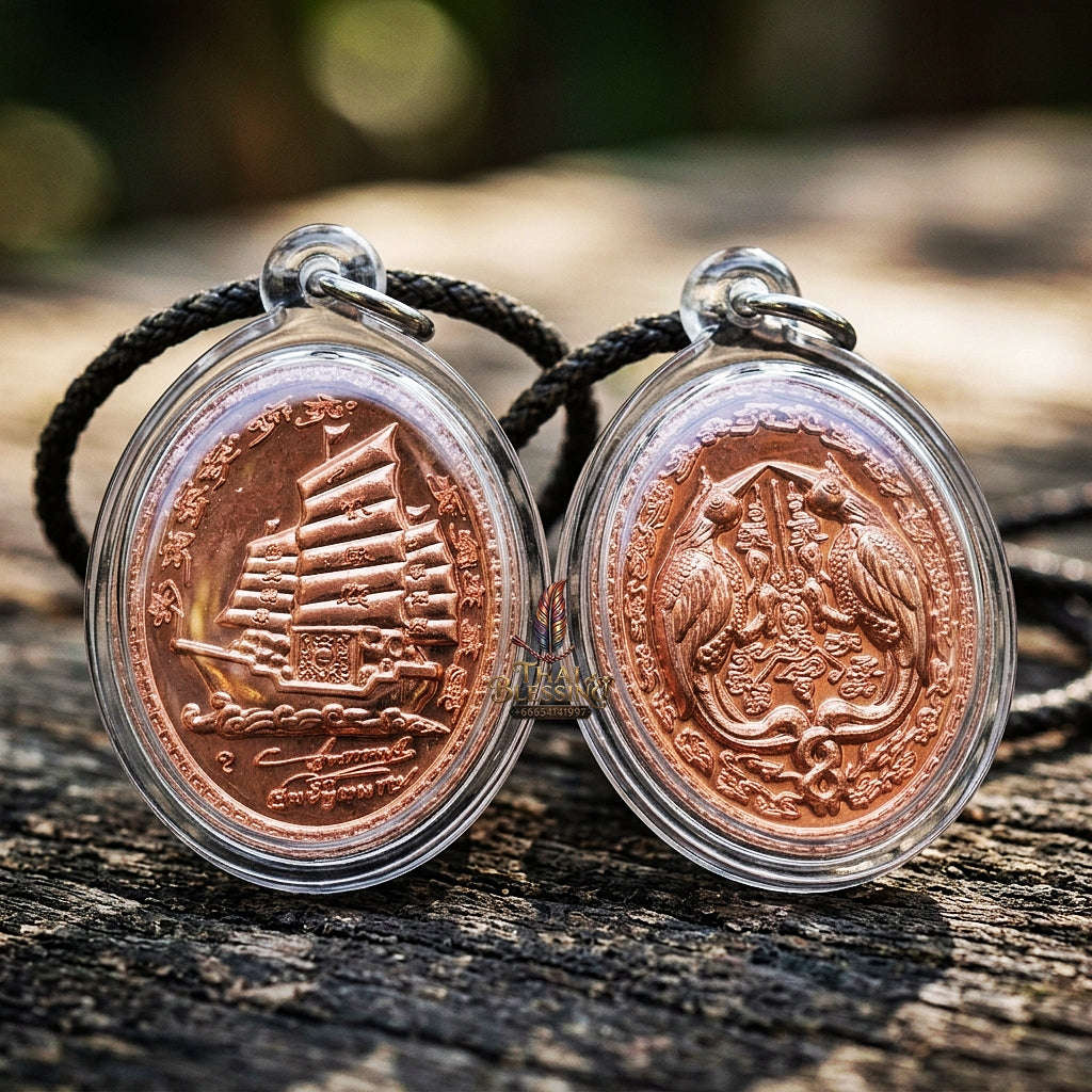 Authentic Thai Twin Salika & Junk Ship Amulet "Sa Rika Khu BE 2561" - Copper Wealth & Charm Medallion - Consecrated by Kruba Krissana Wat Weluwan (3.5x3.0cm) Thai Blessing Co By RURUECHA