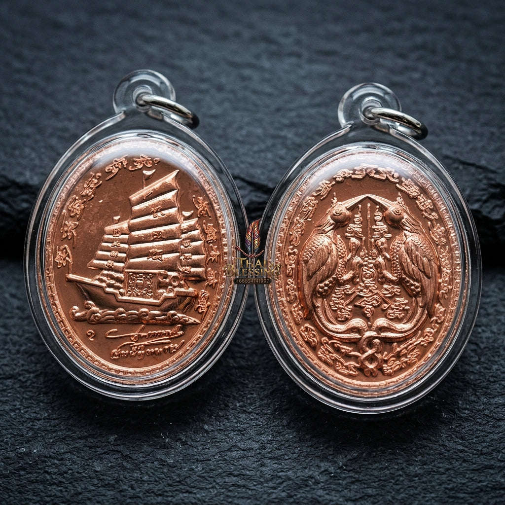 Authentic Thai Twin Salika & Junk Ship Amulet "Sa Rika Khu BE 2561" - Copper Wealth & Charm Medallion - Consecrated by Kruba Krissana Wat Weluwan (3.5x3.0cm) Thai Blessing Co By RURUECHA