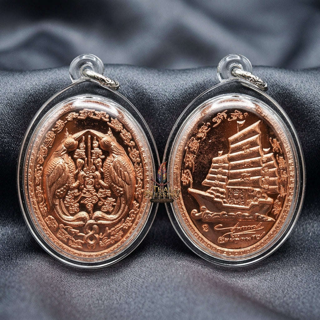 Authentic Thai Twin Salika & Junk Ship Amulet "Sa Rika Khu BE 2561" - Copper Wealth & Charm Medallion - Consecrated by Kruba Krissana Wat Weluwan (3.5x3.0cm) Thai Blessing Co By RURUECHA