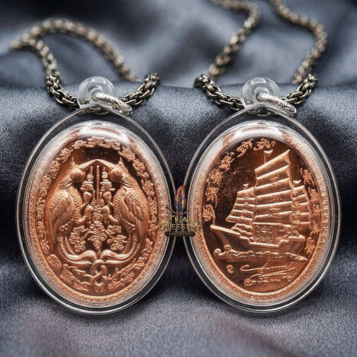 Authentic Thai Twin Salika & Junk Ship Amulet "Sa Rika Khu BE 2561" - Copper Wealth & Charm Medallion - Consecrated by Kruba Krissana Wat Weluwan (3.5x3.0cm) Thai Blessing Co By RURUECHA