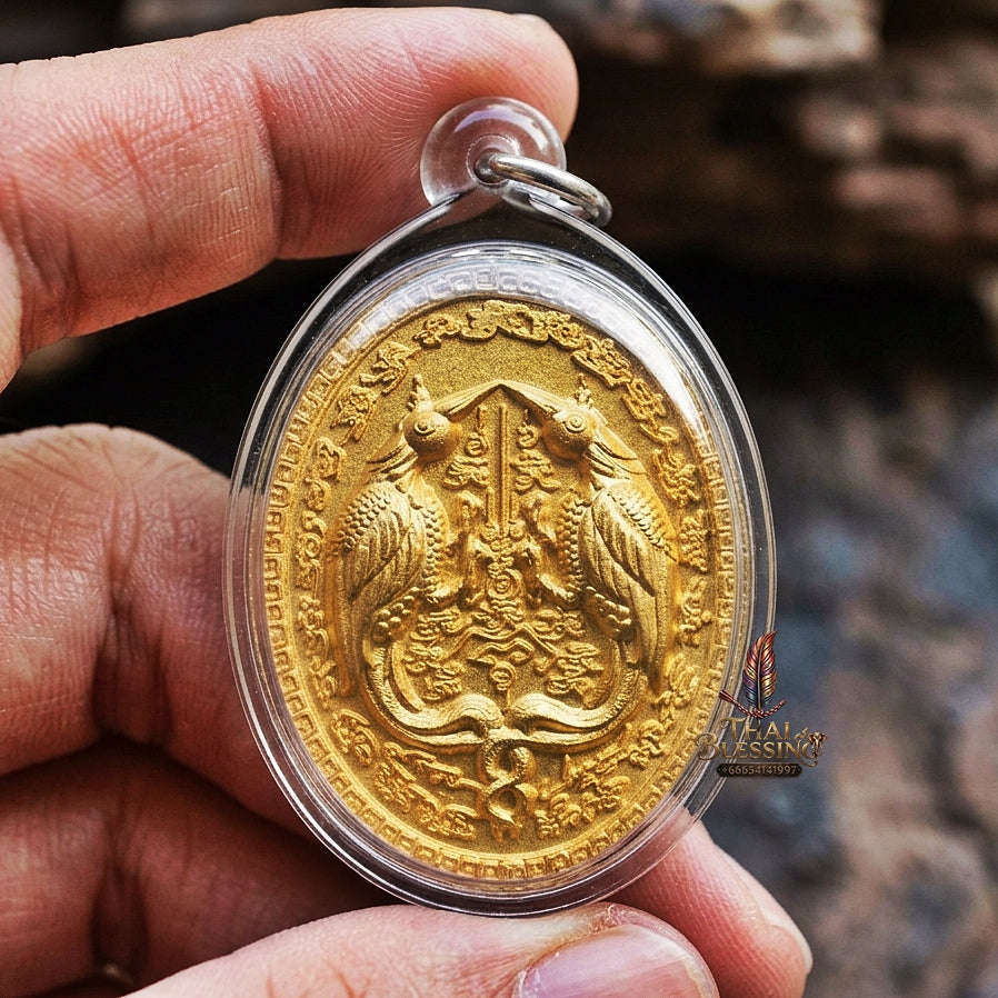 Authentic Thai Twin Salika & Junk Ship Amulet "Sa Rika Khu BE 2561" - Gold Plated Wealth & Charm Medallion - Consecrated by Kruba Krissana Wat Weluwan (3.5x3.0cm) Thai Blessing Co By RURUECHA